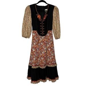 Vtg 70s Young Edwardian by Arpeja Corset Midi Dress Cottagecore Calico Size XS